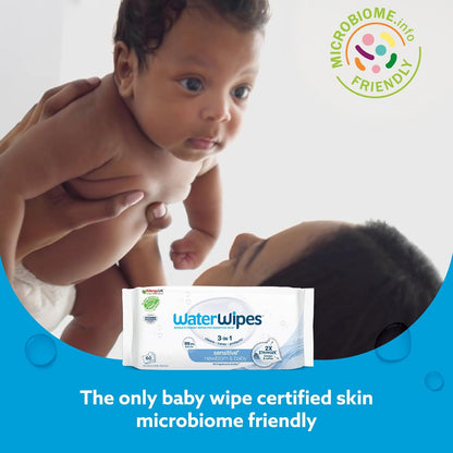 WaterWipes Sensitive+ Newborn & Baby Wipes, 3-In-1 Cleans, Cares, Protects, 99.9% Water, Unscented & Hypoallergenic, 180 Count (3 Packs)
