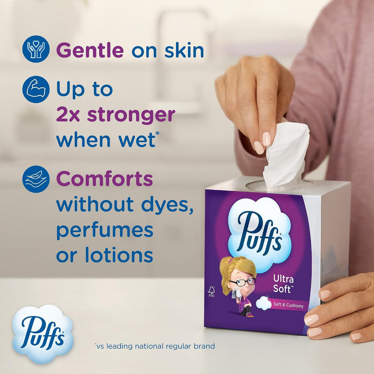 Puffs Facial Tissues Ultra Soft, 4 Family Boxes, 124 Facial Tissues per Box, Allergies and Colds (Packaging May Vary)