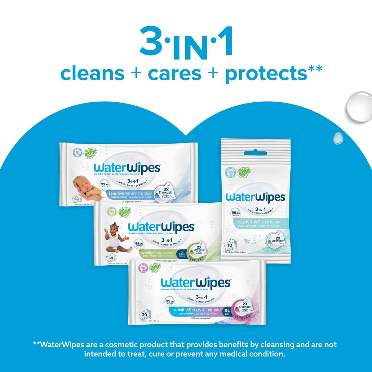 WaterWipes Sensitive+ Newborn & Baby Wipes, 3-In-1 Cleans, Cares, Protects, 99.9% Water, Unscented & Hypoallergenic, 180 Count (3 Packs)