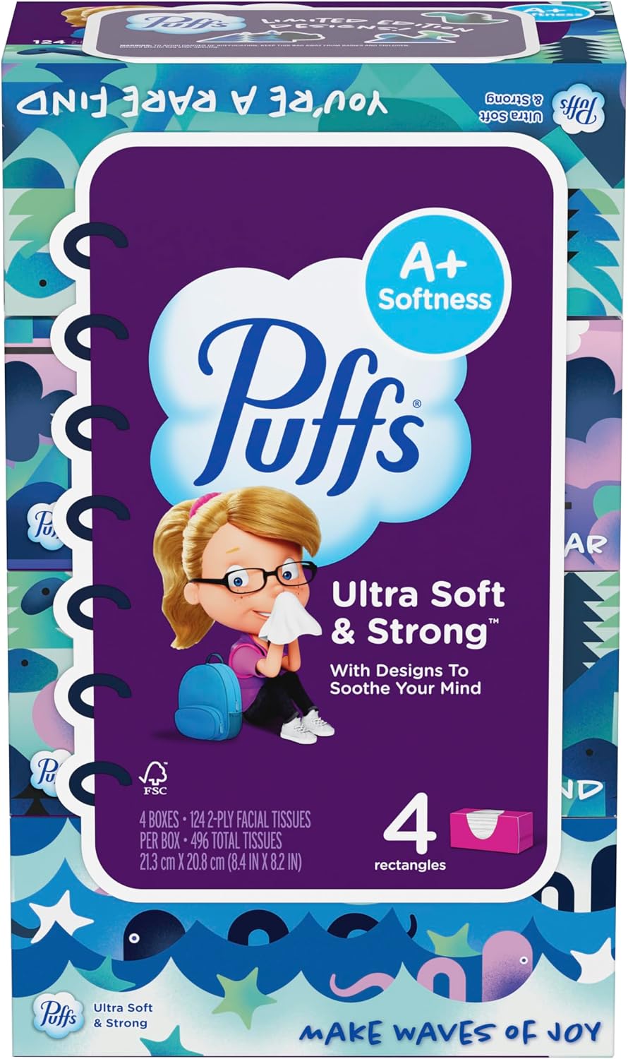 Puffs Facial Tissues Ultra Soft, 4 Family Boxes, 124 Facial Tissues per Box, Allergies and Colds (Packaging May Vary)