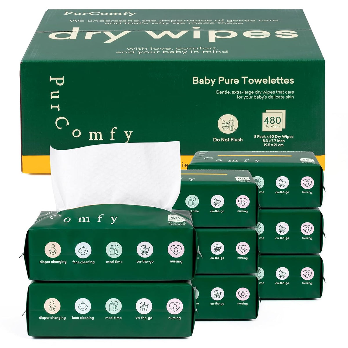 PurComfy Baby Dry Wipes for Newborn, 8 Pac