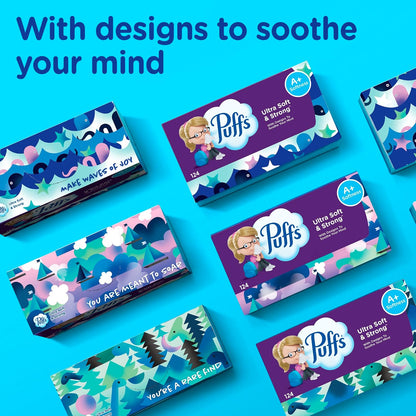Puffs Facial Tissues Ultra Soft, 4 Family Boxes, 124 Facial Tissues per Box, Allergies and Colds (Packaging May Vary)