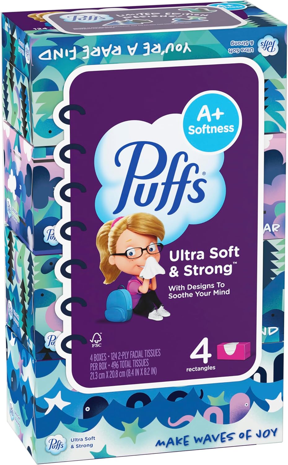 Puffs Facial Tissues Ultra Soft, 4 Family Boxes, 124 Facial Tissues per Box, Allergies and Colds (Packaging May Vary)
