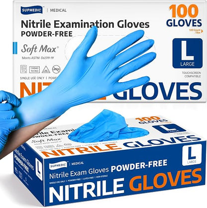 Supmedic Medical Soft Max Nitrile Exam Gloves Powder-Free Disposable 100 Ct Soft Stretch Fit • Powder-Free • Latex-Free • Examination • Cooking • Cleaning· Food Prep • 100 Count • Blue